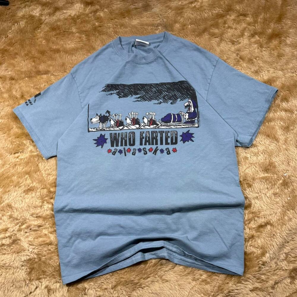 Vintage Alaska Who Farted Graphic Blue Funny T-Shirt Size L 20x28